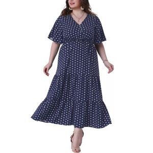 AGNES ORINDA Plus Size Polka Dot V Neck Tiered Elastic Waist Dress, NWT! 3X